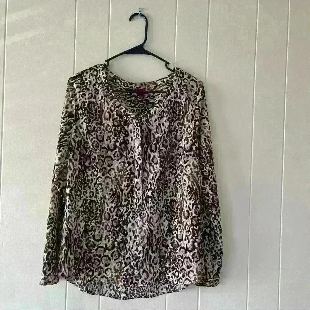 Merona Womens Blouse Brown Black Animal Print Long Sleeve V Neck M